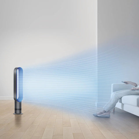 Bladeless Tower Fan With Air Multiplier Technology Delivers Smooth, Amplified Airflow, 70 Degree Oscillation, Ten Speed Settings in use