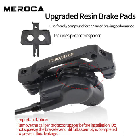 Mountain Bike Hydraulic Disc Brake Set showing F180/R160 caliper with resin pads and protector spacer included