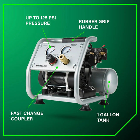 Ultra Quiet 1 Gallon Oil Free Portable Air Compressor With 59 dB Operation Universal Quick Coupler, front view