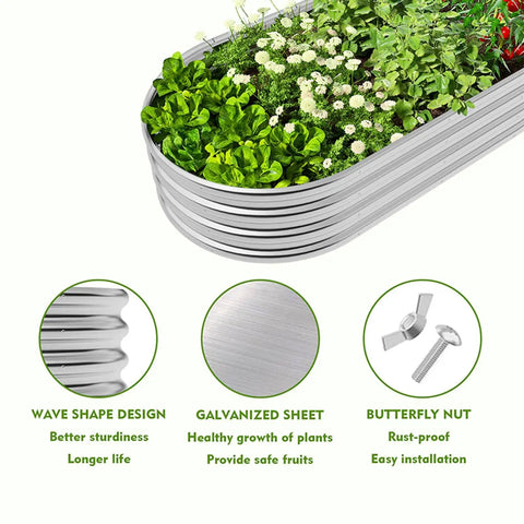 Close-up of Two Pack Metal Raised Garden Bed 4x2x1ft Galvanized Planter Box with herbs and flowers showing open bottom drainage design.