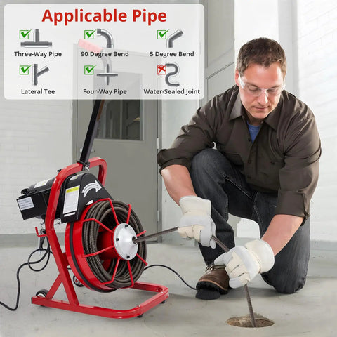 User operates Heavy Duty Electric Drain Cleaning Machine With 75 Foot Tangle Free Steel Core Cable and 3 8 Inch Auger Shaft.