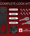 Keyed Twist Knob Hasp Latch Kit with keys, screws, and lock body for cabinets and drawers, 4 inch, black, rust resistant