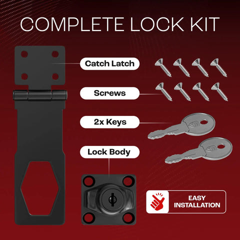 Keyed Twist Knob Hasp Latch Kit with keys, screws, and lock body for cabinets and drawers, 4 inch, black, rust resistant