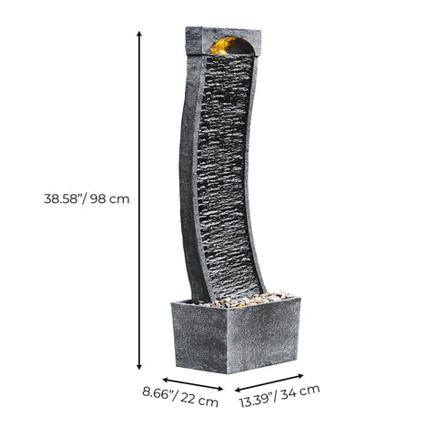 Curved Faux Slate Waterfall Fountain With LED Light Accents For Indoor Or Outdoor Use, Easy Setup, Modern Black And Stone Gray Design