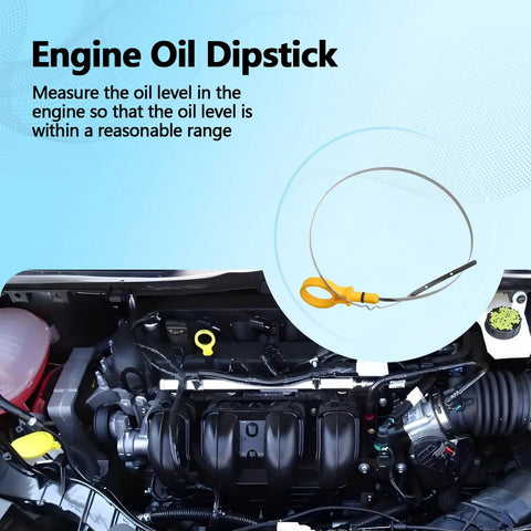 Oil Dipstick Replacement For Ford Escape 2013 2019 2.5L, Fusion 2013 2020 2.5L, Transit Connect 2014 2023 2.5L And 2023 2.0L Replaces CV6Z6750A No Fuss Easy Install Oil Level Dip Stick shown with engine view.