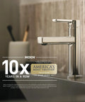 Moen faucet with America's Most Trusted award label, kitchen setting