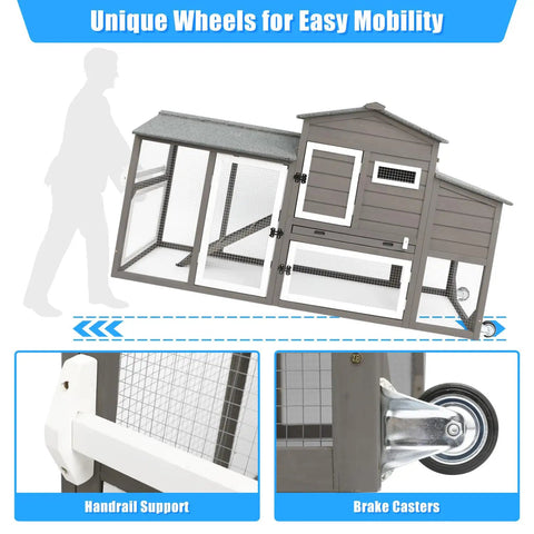 Wooden Chicken Coop With Run And Nesting Box For Backyard Garden, Outdoor Waterproof Hen House with wheels for easy mobility