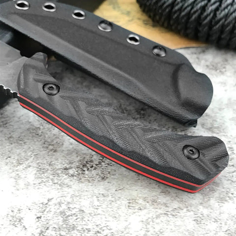 Fixed Blade Knife With D2 Steel Blade, Textured G10 Handle, And Kydex Sheath For Safe Carry; close-up of the handle and sheath