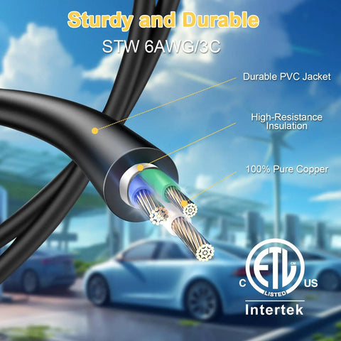 Close-up of NEMA 10-50P To 14-50R EV Charger Adapter Cord showing STW 6 AWG 3C design with copper wires and ETL Listed logo.