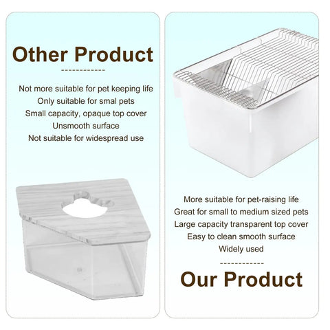 Comparison of pet housing styles: left shows unsuitable small pet product, right features Rock Solid Lab Mouse Cage For Rat Breeding With Bulletproof Wire Lid.