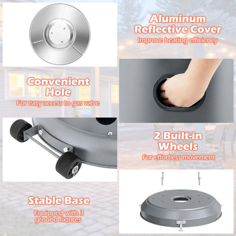 Details of Propane Outdoor Patio Heater 50,000 BTU With Instant Heat, wheel mobility, reinforced base, and burner parts.