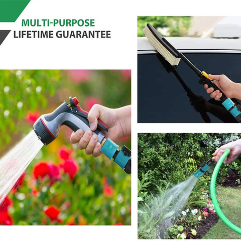 Easy Snap Quick Connect Kit For Garden Hoses With Three Quarter Inch Male And Female Plastic Fittings With Shutoff Valve Water Stop And Lock Hassle Free Attachments For Sprinklers Nozzles And Spigots Five Sets Ten Pieces in use on garden hose and car wash