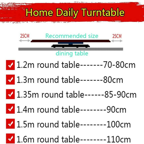 Size guide for Ultra Large Tempered Glass Lazy Susan Turntable For Dining Tables 26-46 In Round Rotating Serving Tray Black Silent Stable
