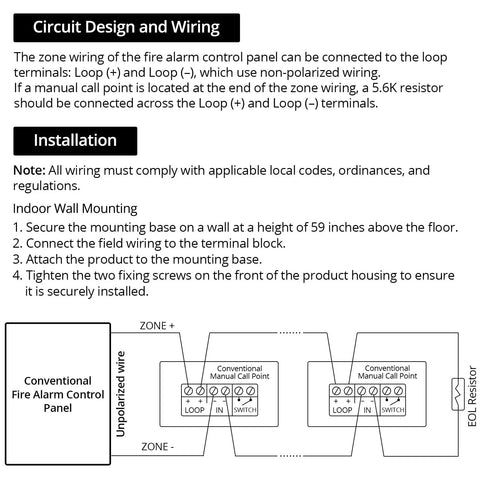 Installation manual for Wired Emergency Sound And Light Fire Alarm Station with circuit design and wiring diagram in black and white