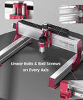 All-In-One 3 Axis CNC Router Kit Maker-Friendly With Custom 710W Spindle, 7000 To 30000 RPM, ER-11 Collet, Linear Rails And Ball Screws, Engraving Capable For Wood, Acrylic, And Aluminum Projects with close-up of linear rails and ball screws.