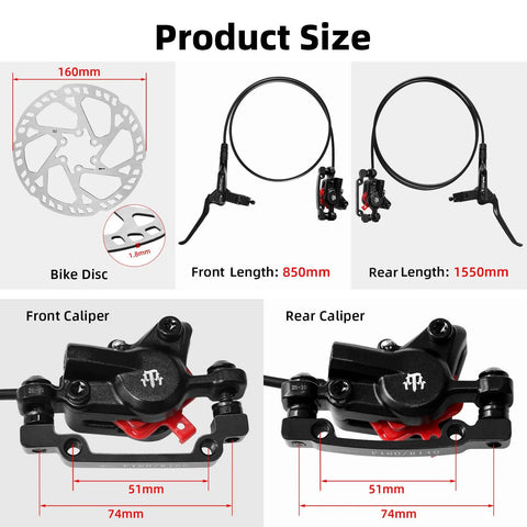 Two-piston hydraulic MTB disc brake kit with front and rear calipers and 160mm rotors, black aluminum alloy.