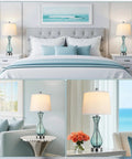 Coastal Glass Table Lamp Set Of 2, 27.5 Inch Blue Nautical Bedside Lamps With White Linen Shade on bedroom nightstands and living room tables.