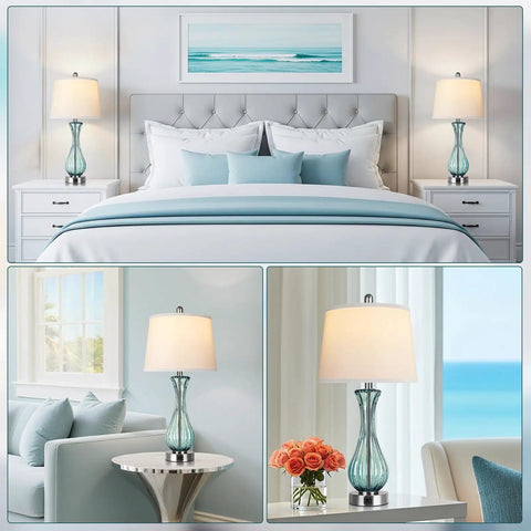 Coastal Glass Table Lamp Set Of 2, 27.5 Inch Blue Nautical Bedside Lamps With White Linen Shade on bedroom nightstands and living room tables.