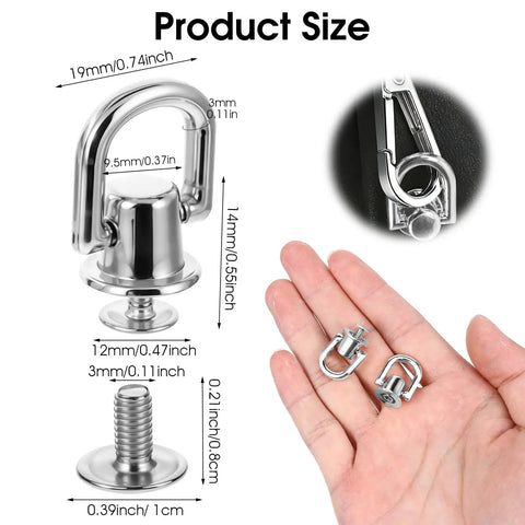 4 Pack D Rings for Purses With 360 Degree Rotatable Stud Screw Balls, Rivets and Post Heads in hand, size details shown