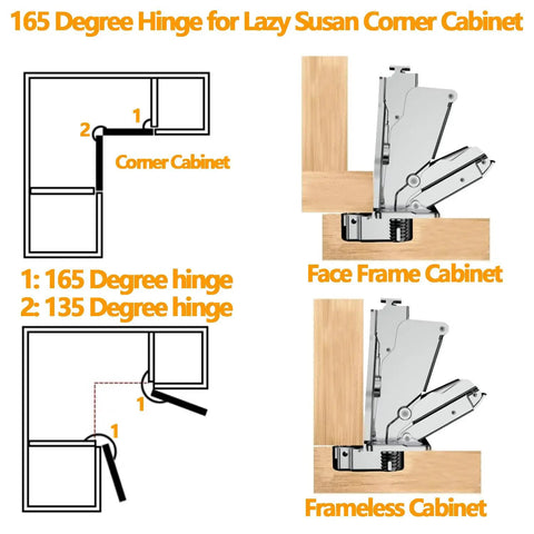 Diagram showing 165 Degree Lazy Susan Cabinet Hinges For Face Frame Kitchens with side and top view illustrations.
