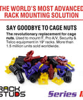 Assorted colored rack mounting studs displayed with text emphasizing advanced mounting solution for 19-inch racks.
