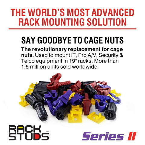 Assorted colored rack mounting studs displayed with text emphasizing advanced mounting solution for 19-inch racks.