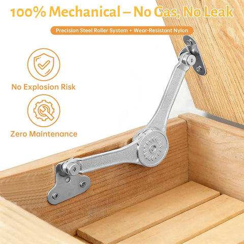 Heavy Duty Mechanical Lid Stay Hinge 110-Degree Adjustable Soft Close installed on wooden chest, zinc alloy material visible