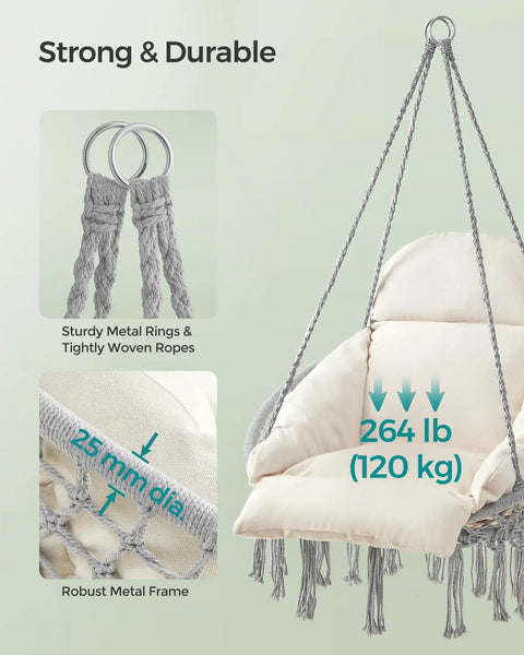 Comfy Hammock Chair With Large Thick Cushion, Boho Swing Chair For Bedroom, Patio Or Garden, Strong Metal Frame, Supports Up To 264 Lb, Accessories Included, Dove Gray And Cream White