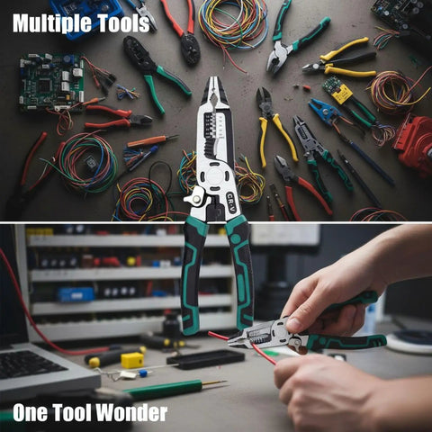 Heavy Duty 10 In 1 Electrician Pliers With Premium Carbon Steel Jaw And Cozy Tpr Grip Handle cutting wire at a workspace.