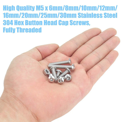Hand holding stainless steel M5 hex button head bolts from 195 Piece M5 Hex Button Head Bolts And Nuts Kit In Stainless Steel 304