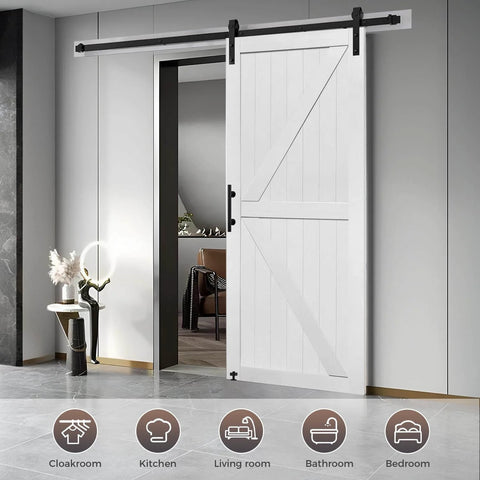 36x84 Inch Double Sliding MDF Barn Door With 13 Ft Hardware Kit Solid Slab Covered In Waterproof PVC Surface installed in room