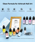 Airbrush Gel Polish Kit With 12 Colors, HEMA Free For Ombre Nails displayed with MSDS certificate and bottles on stand