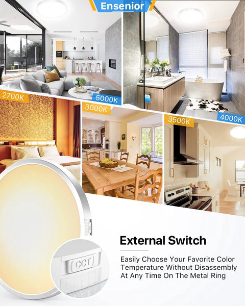 13 Inch Flush Mount LED Ceiling Light Fixture With 5CCT Dope Color Temperature, Dimmable 24W 2200 Lumens, External Switch
