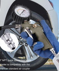 Using Heavy Duty Tire Inflator With 0-220 PSI Dial Gauge Durable Rubber Hose And Quick Coupler on car tire