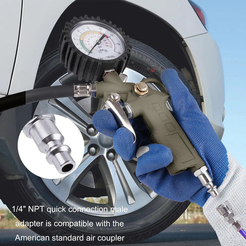 Using Heavy Duty Tire Inflator With 0-220 PSI Dial Gauge Durable Rubber Hose And Quick Coupler on car tire