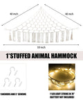 Diagram of Stuffed Animal Hammock With LED Light Large Plushie Net Storage For Kids Room Decor with dimensions and accessories.