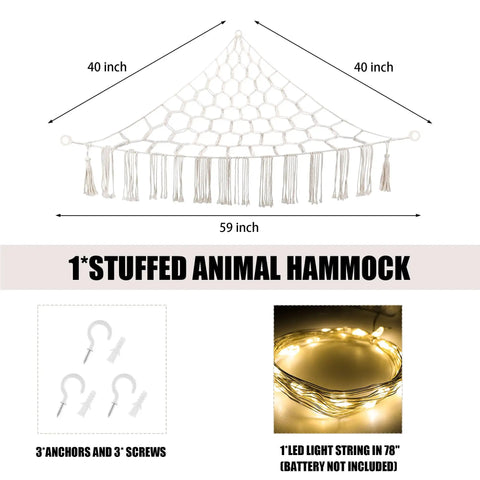 Diagram of Stuffed Animal Hammock With LED Light Large Plushie Net Storage For Kids Room Decor with dimensions and accessories.