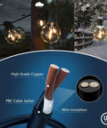 Diagram of 100ft Outdoor String Lights With Shatterproof LED Globes, Weatherproof Patio Lighting For Exterior And Indoor Use, UL Listed, Warm White 2700K showing copper wiring and insulation.