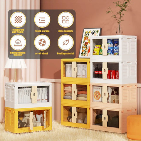 No Sweat Large Plastic Storage Bins With Secure Lids Fold Flat Stacking Organizers For Dorms Home Offices And Closets, colorful stacked bins with visible contents.