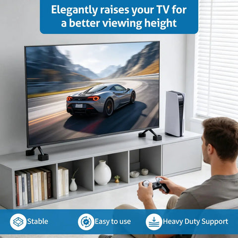 Eight Pack TV Stand Riser Blocks Provide Rock Solid Heavy Duty Adjustability For Seamless Stacking Designs That Elevate Screens To Prime Viewing Levels And Inject Legit Game Changing Energy Into Any Living Space Setup with TV setup and gaming.