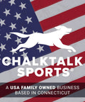 USA family-owned business, ChalkTalk Sports logo on American flag background.