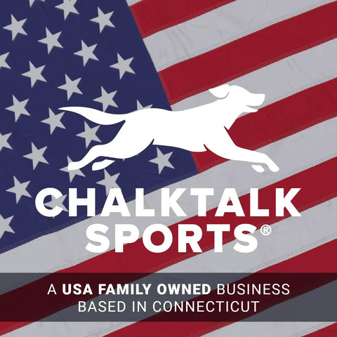 USA family-owned business, ChalkTalk Sports logo on American flag background.