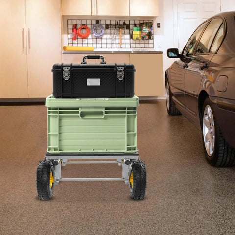 Heavy Duty All Terrain Moving Dolly With Six 10 Inch Inflatable Wheels For Up To 1200 Lbs Load Beefy Carbon Steel Frame Pro Grade Moving Cart For Appliances And Heavy Equipment in garage with storage crates