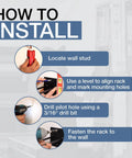 Installation guide showing steps to install Heavy Duty Steel Ladder Wall Hook For Garage Wall Mounted Ladder Hanger Holds 2 To 3 Ladders And Maximizes Vertical Space And Supports Up To 50 Lbs Great For Bulk Gear Storage And Easy Access In The Garage.