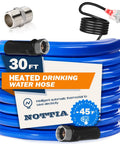 30 ft heated drinking water hose, blue coil with metal fittings and inline power plug
