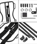 Check Out This Awesome 10 Liter Front Fork Bag That Slaps On Any Bike Scooter Or Ebike For Total Stability Plus The Heavy Duty Alu Rack Holds Your Gear Tight Without Flopping Around. black aluminum rack kit with straps, bolts, and hex keys for bike fork bag