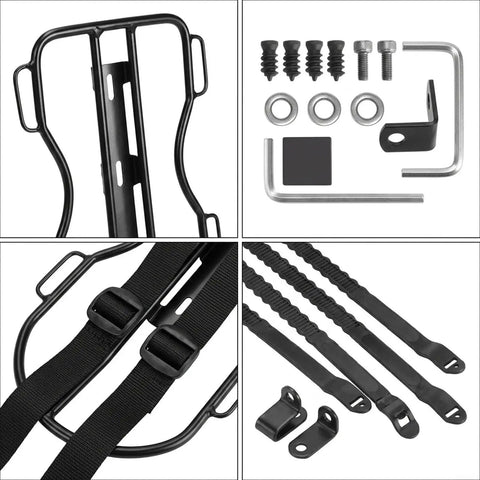 Check Out This Awesome 10 Liter Front Fork Bag That Slaps On Any Bike Scooter Or Ebike For Total Stability Plus The Heavy Duty Alu Rack Holds Your Gear Tight Without Flopping Around. black aluminum rack kit with straps, bolts, and hex keys for bike fork bag