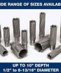 Carbide-tipped annular cutters set in silver metal, assorted sizes for metal cutting (front view).