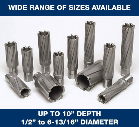 Carbide-tipped annular cutters set in silver metal, assorted sizes for metal cutting (front view).