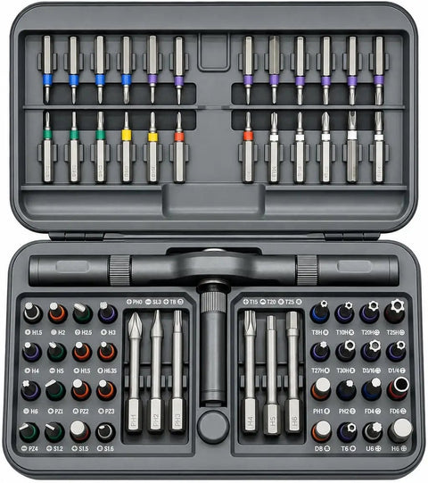 Hella Versatile 66 Piece Magnetic Ratcheting Screwdriver Kit With Detachable Handle And Precision Bits For Smartphone Laptop Repair Includes Secure Magnetic Mat, displayed with vibrant bits.